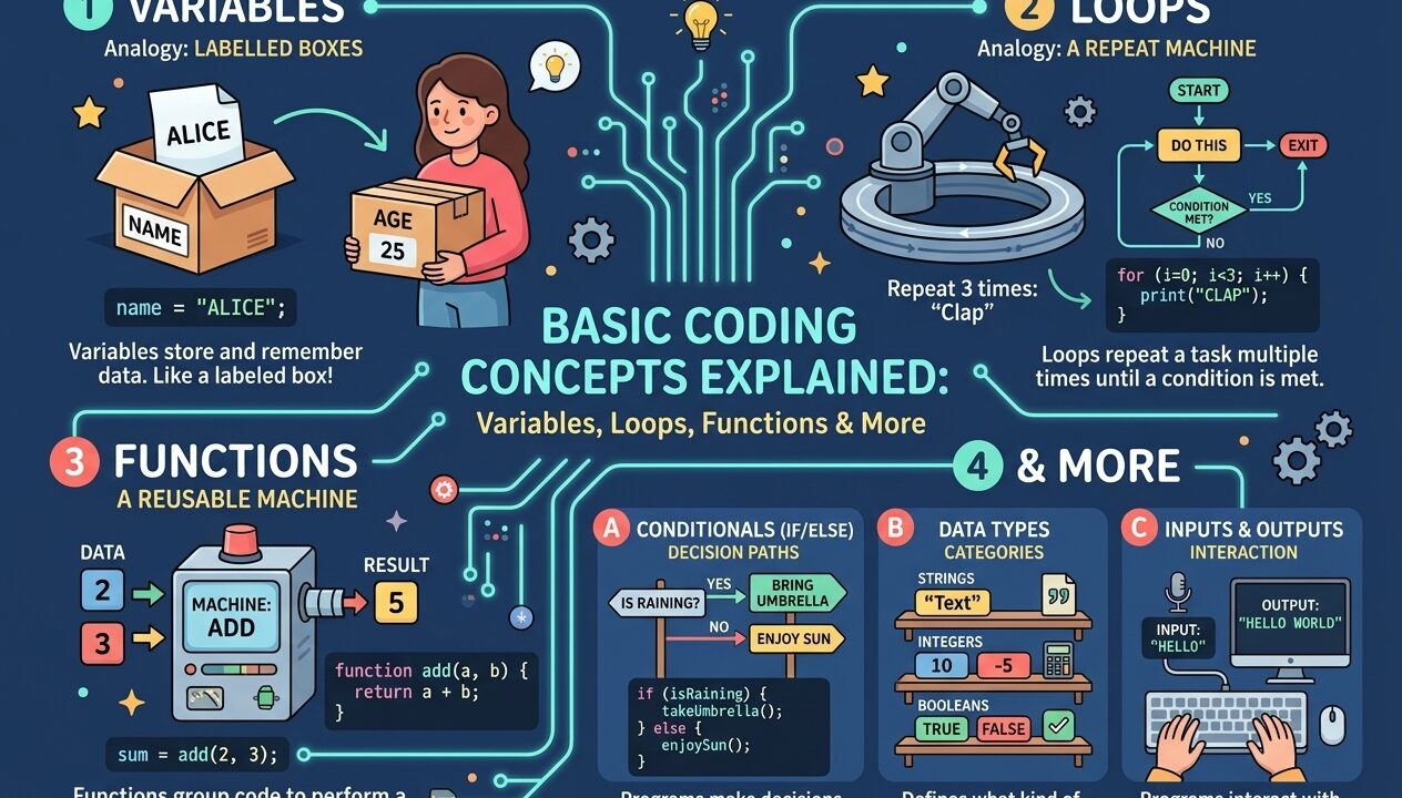 Basic Coding Concepts Explained: Variables, Loops, Functions & More